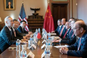 Une rencontre de négociation commerciale entre les États-Unis et la Chine en janvier 2019, en présence de Liu He, vice-Premier ministre chinois.