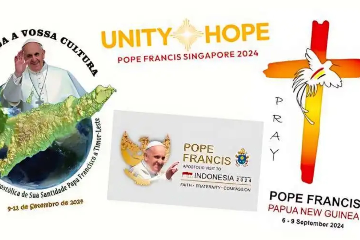 Les logos du voyage du pape en Papouasie Nouvelle Guinée, en Indonésie, au Timor oriental et à Singapour.