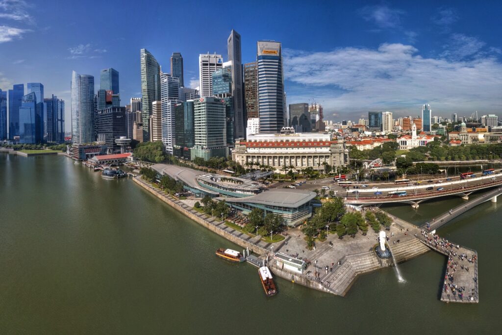 Vue aérienne du parc Merlion et de ses environs, à Singapour.