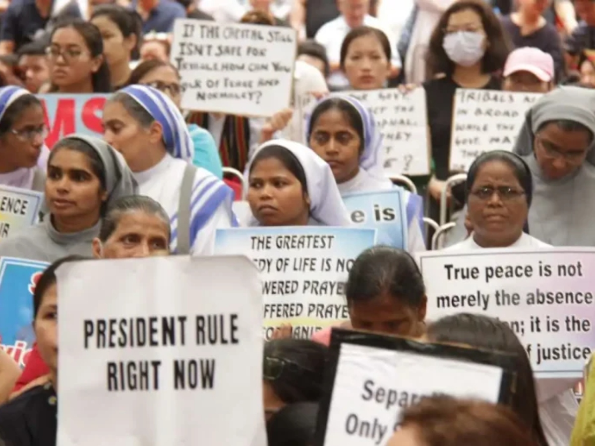 Le 24 juin 2023 à New Delhi, lors d’une manifestation chrétienne pour la paix au Manipur, plus d’un mois après le début des violences.