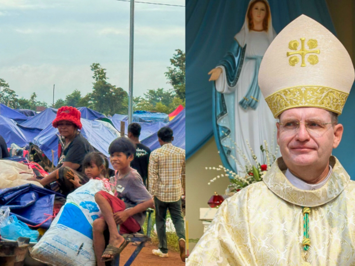 Le 12 décembre, les évêques du Cambodge (ici Mgr Olivier Schmitthaeusler et des familles déplacées) ont lancé un appel à la paix après la reprise du conflit frontalier avec la Thaïlande.