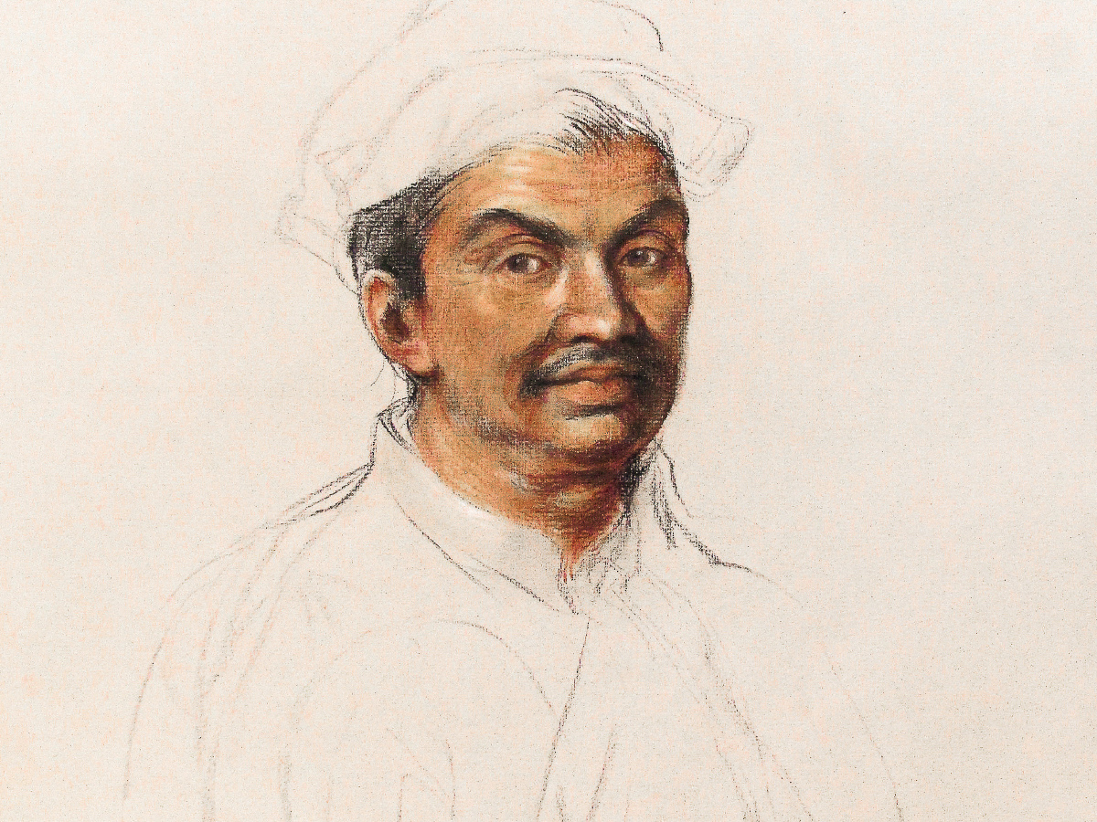 Portrait de Kosa Pan, premier ambassadeur de Siam, par Charles le Brun (1619-1690) ; copie par Richard Mongenet. Pierre noire, sanguine, avec rehauts de craie blanche et de pastel sur papier beige (29 x 28,4 cm, 2023).
